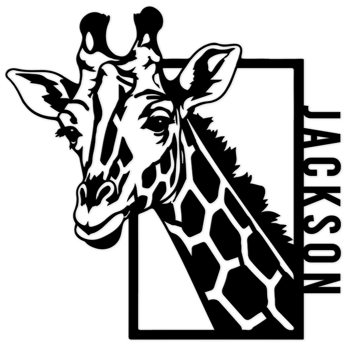 Black cut-metal sign featuring a detailed giraffe portrait with bold geometric framing