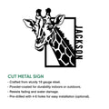 Giraffe metal sign shown in a product feature graphic highlighting its cut-metal design