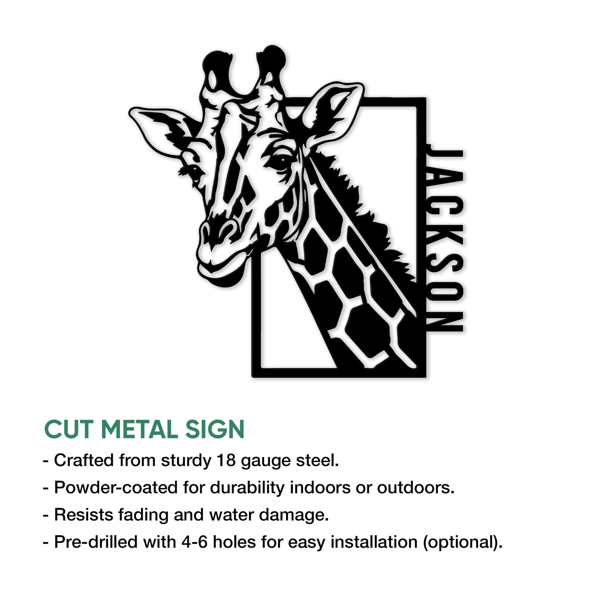 Giraffe metal sign shown in a product feature graphic highlighting its cut-metal design