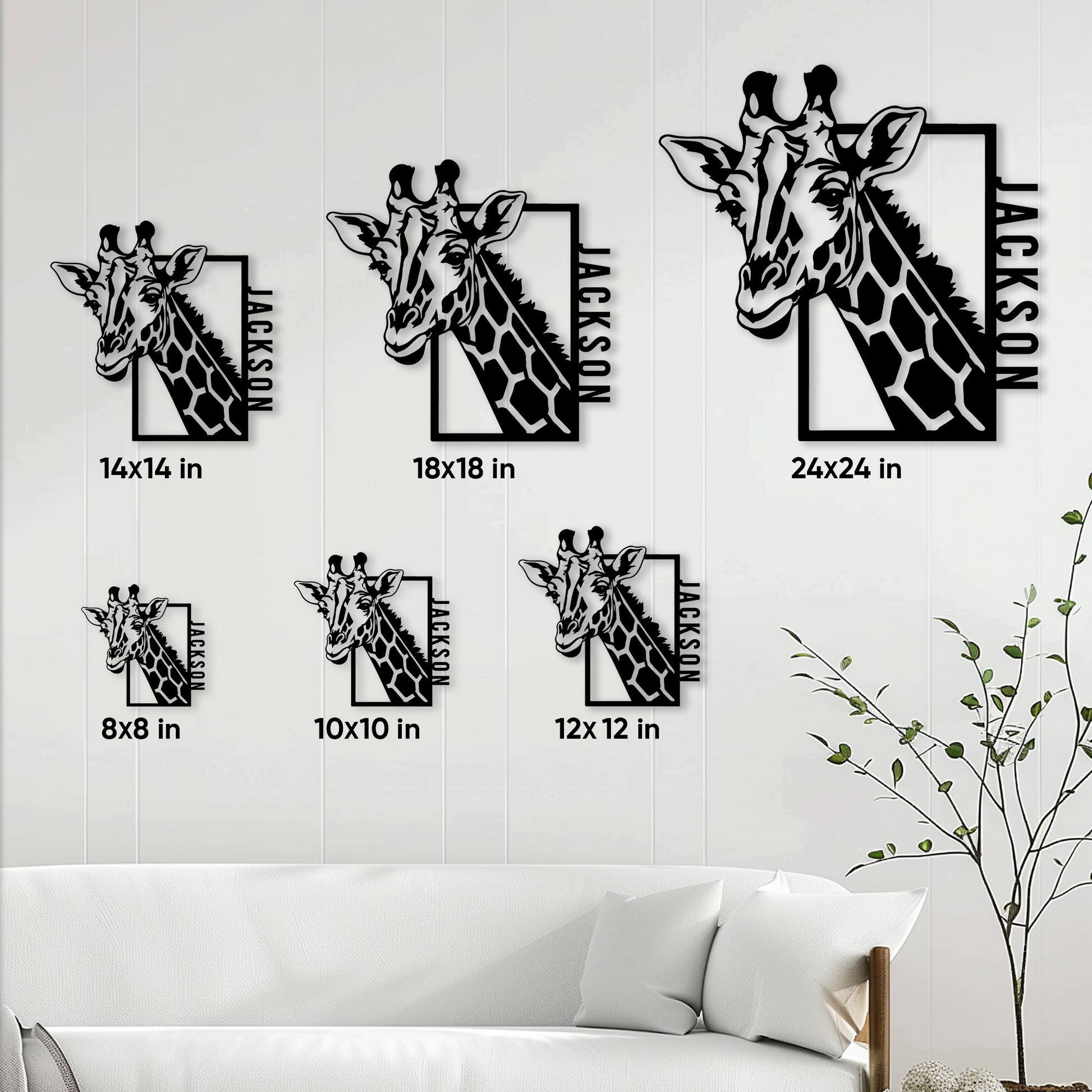 Giraffe metal sign displayed in multiple size options for living room wall decor