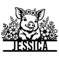 Floral pig metal sign featuring a cheerful pig portrait framed by detailed flowers and leafy branches