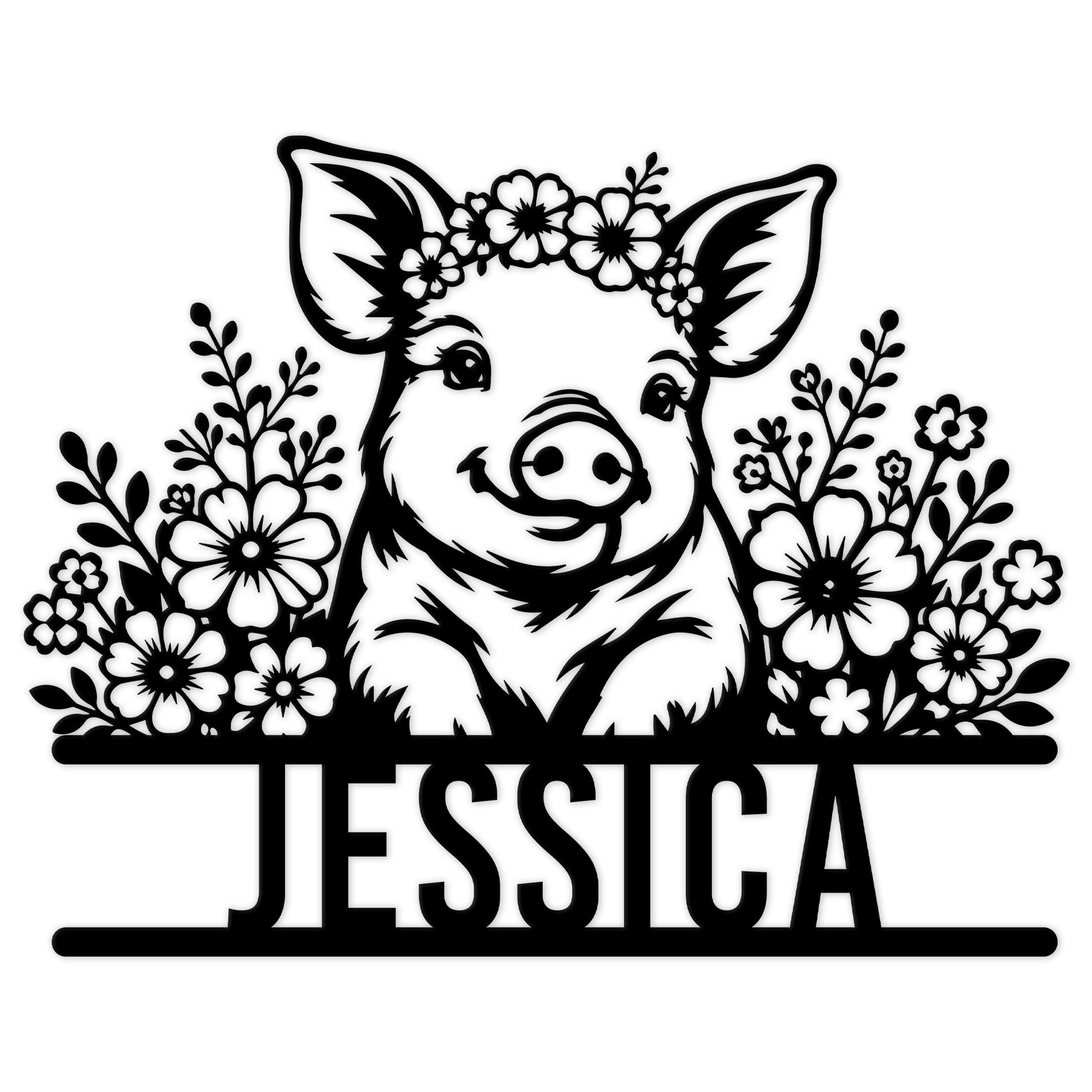 Floral pig metal sign featuring a cheerful pig portrait framed by detailed flowers and leafy branches