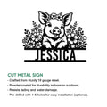 Feature graphic showing a floral pig cut metal sign with indoor and outdoor display details