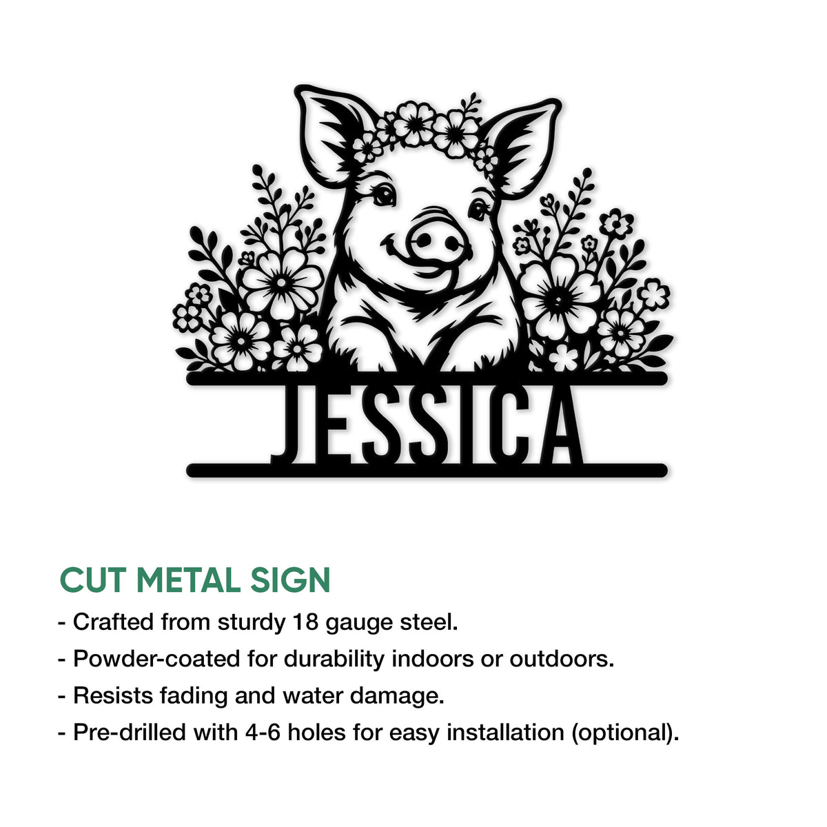 Feature graphic showing a floral pig cut metal sign with indoor and outdoor display details