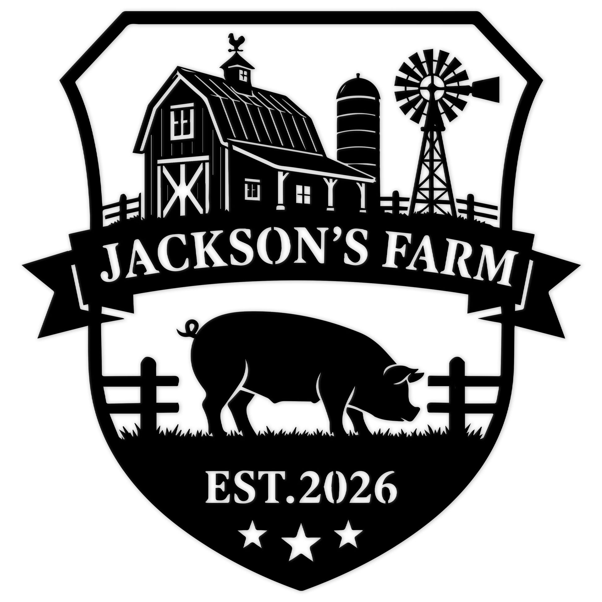 Custom pig farm metal sign featuring a barn, silo, windmill, fencing, and a pig silhouette