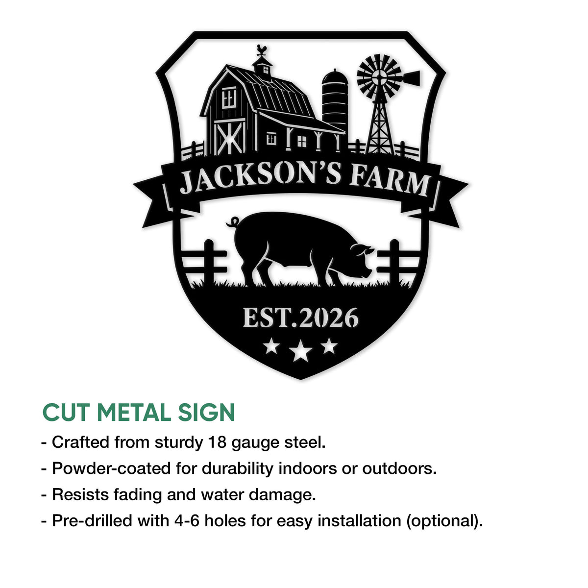 Farm pig metal sign shown with cut-steel construction, finish details, and optional mounting holes