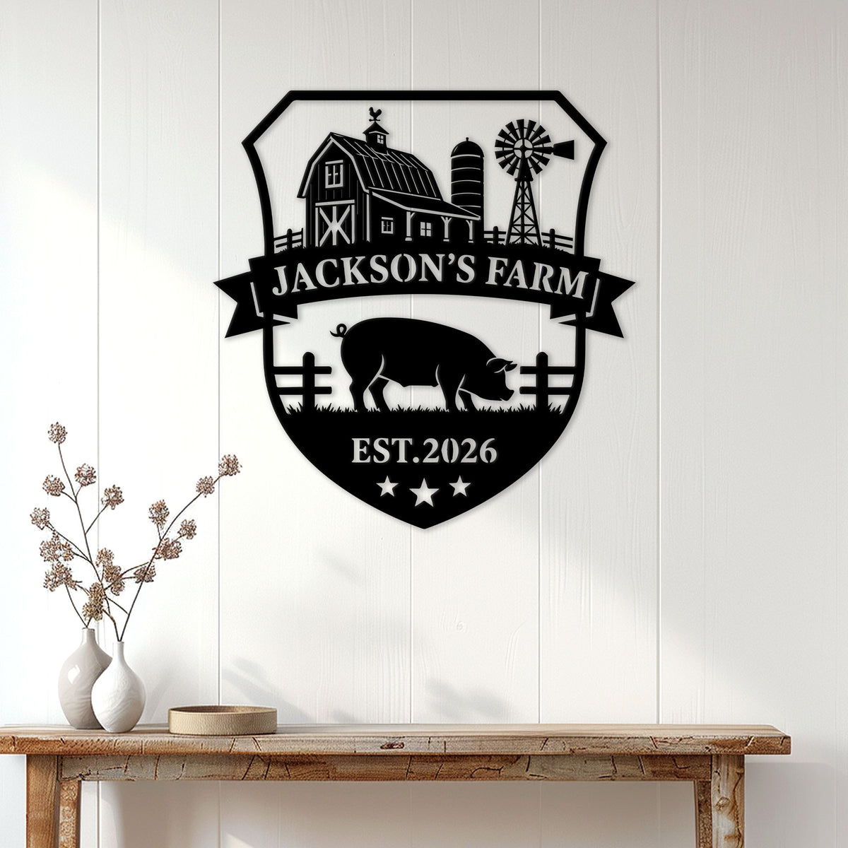 Pig farm metal sign displayed as farmhouse wall decor above a rustic console table