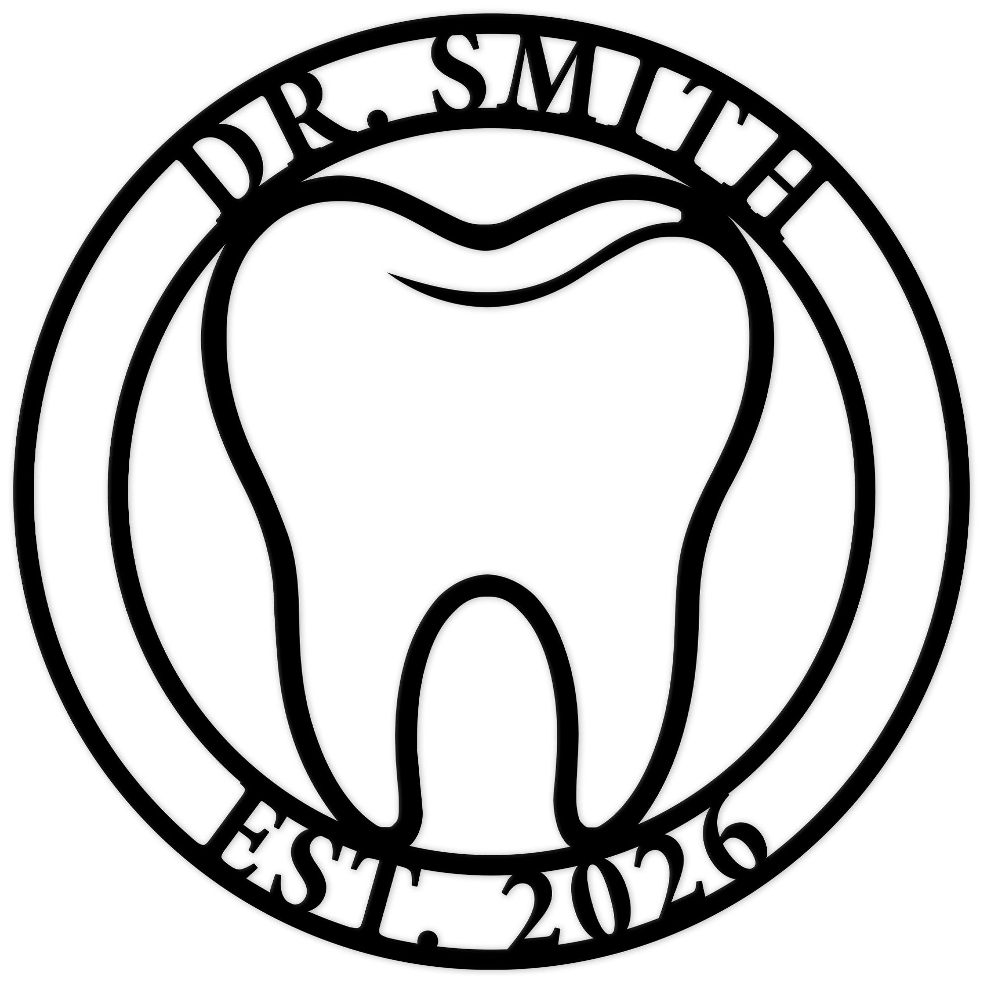 Custom dentist metal sign featuring a bold tooth silhouette inside a circular frame