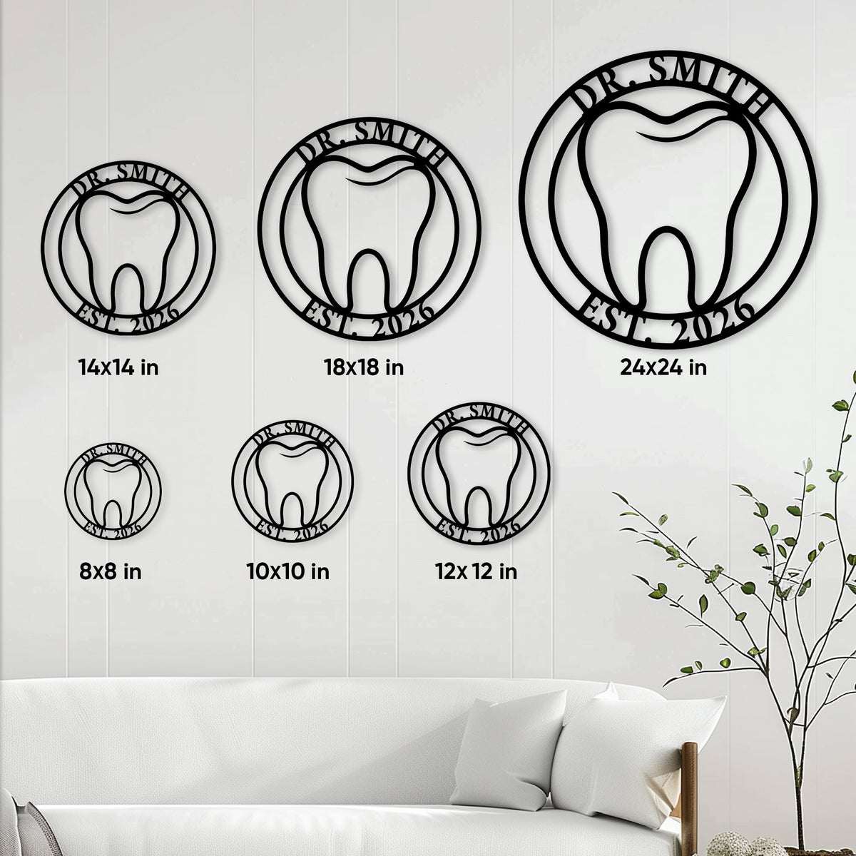 Dentist metal sign size guide showing round designs in sizes from 8 to 24 inches