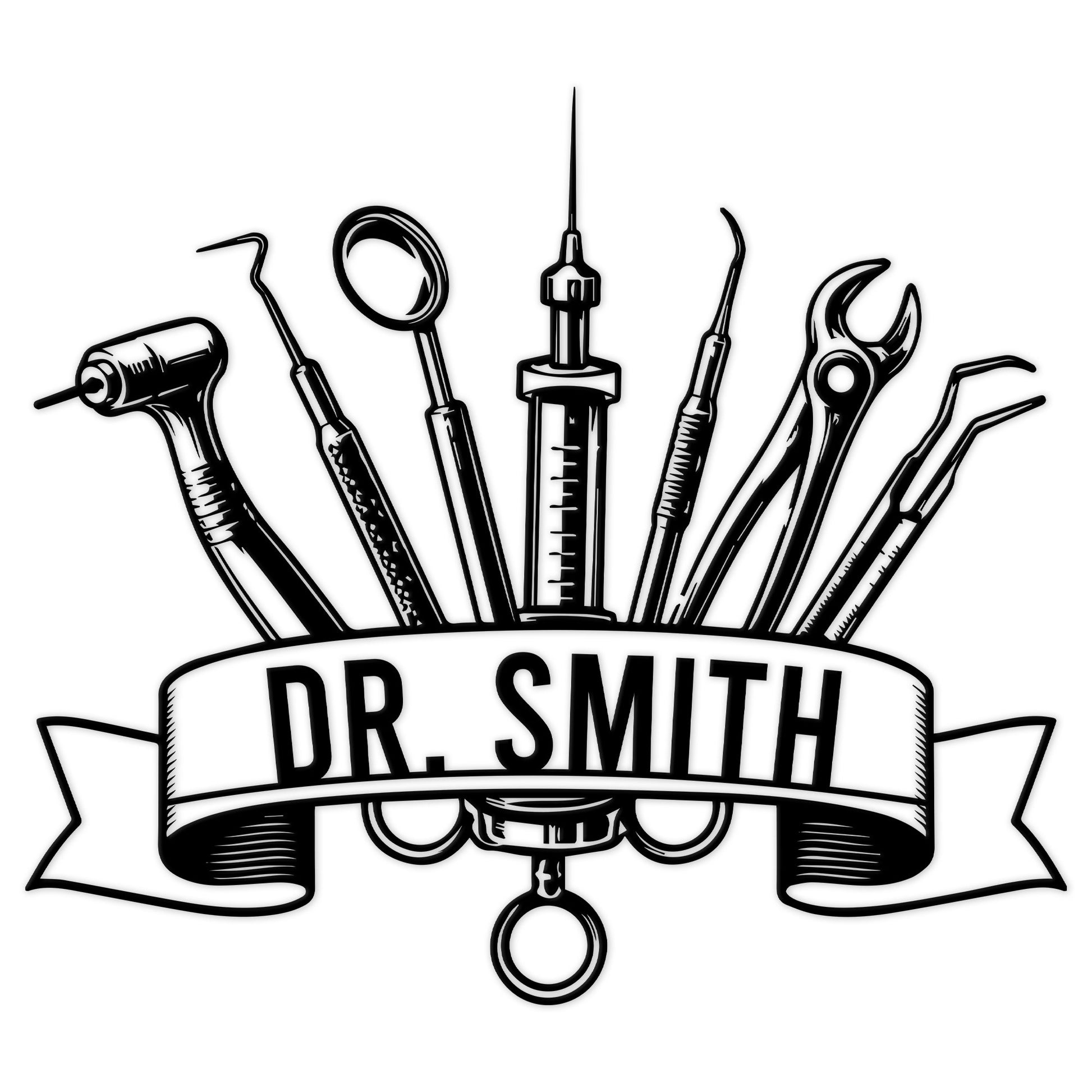 Custom dentist metal sign featuring dental instruments arranged above a bold ribbon emblem
