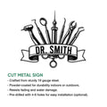 Dentist metal sign design with dental tools, ribbon emblem, and cut-metal sign feature details
