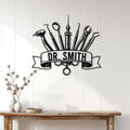 Dentist office metal sign displayed on a light wood wall above a console table