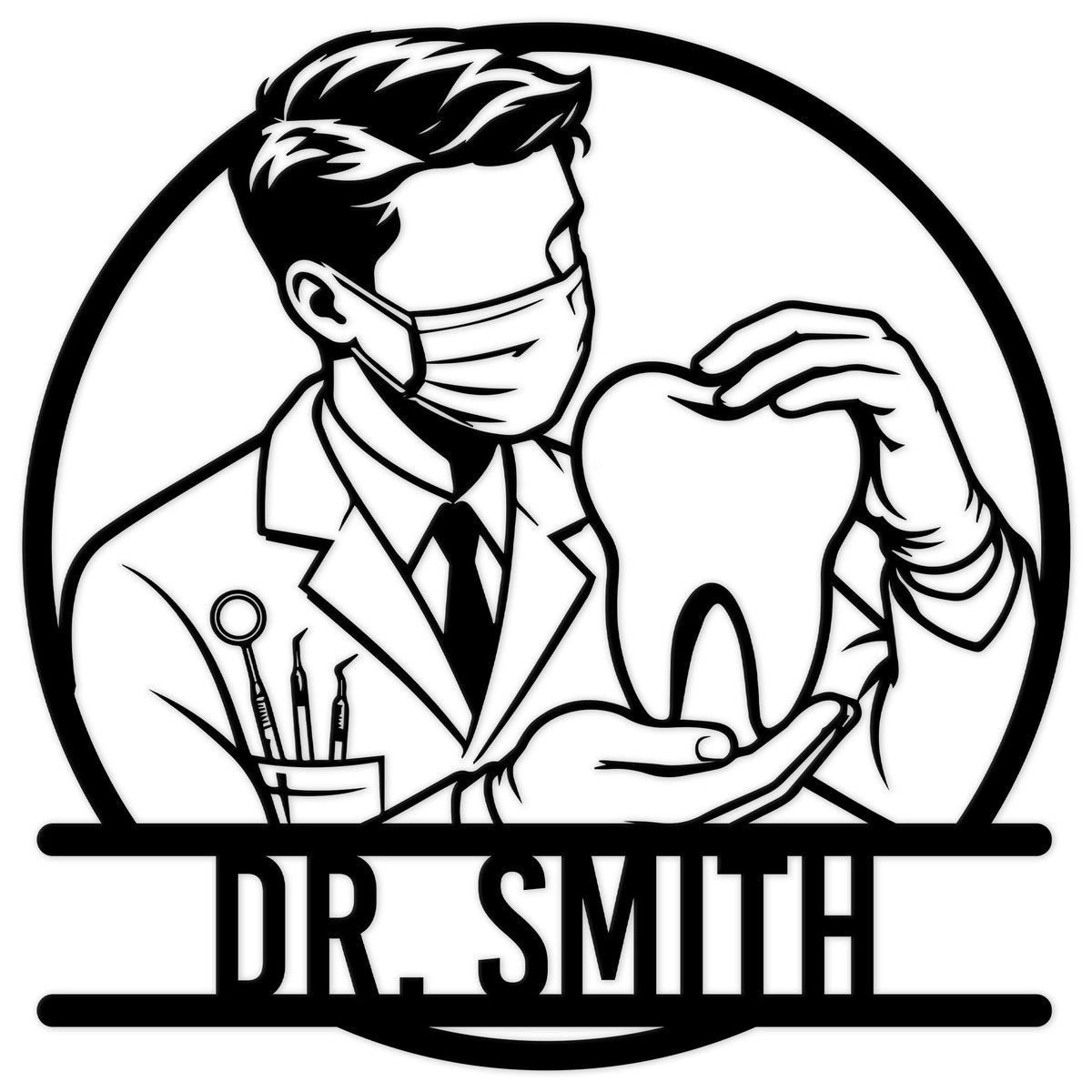 Dentist metal sign featuring a masked dental professional holding a large tooth with dental instruments