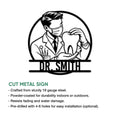 Dentist cut metal sign featuring a dental professional and tooth illustration with product feature details