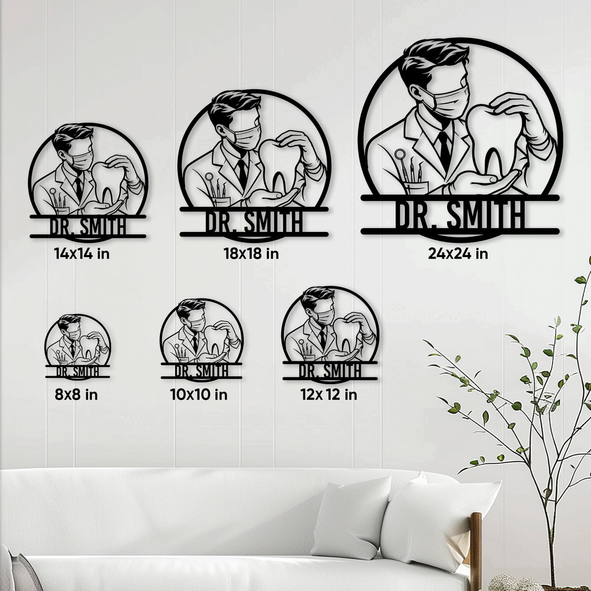 Dentist metal sign size guide showing multiple square size options in a room setting