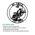 Dental office metal sign shown with a circular dentist chair design and product feature information