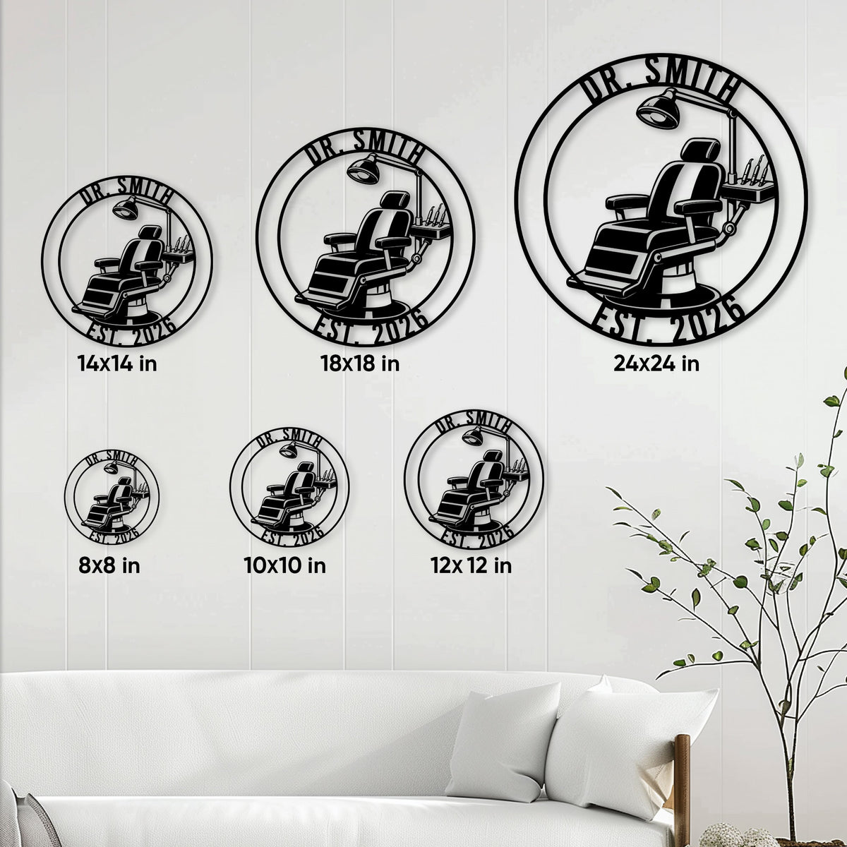 Dentist metal sign size guide showing six circular size options displayed on a bright interior wall