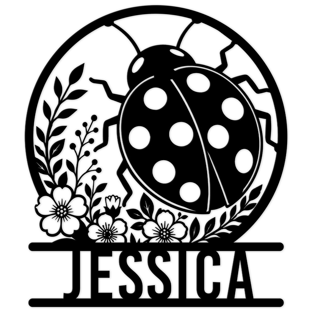 Custom ladybug metal sign with a spotted beetle surrounded by flowers and leafy botanical details