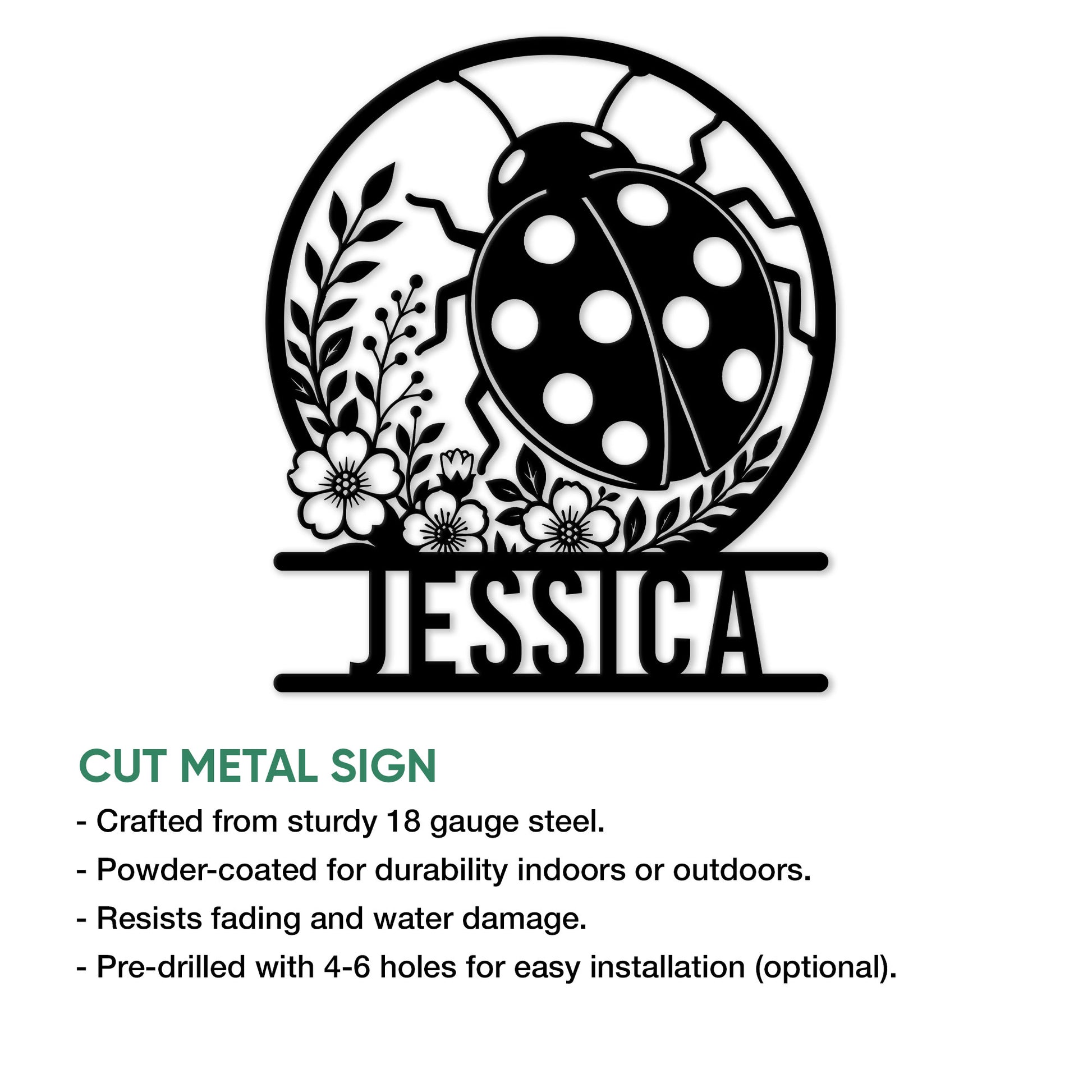 Ladybug cut metal sign featuring a floral garden silhouette and circular frame