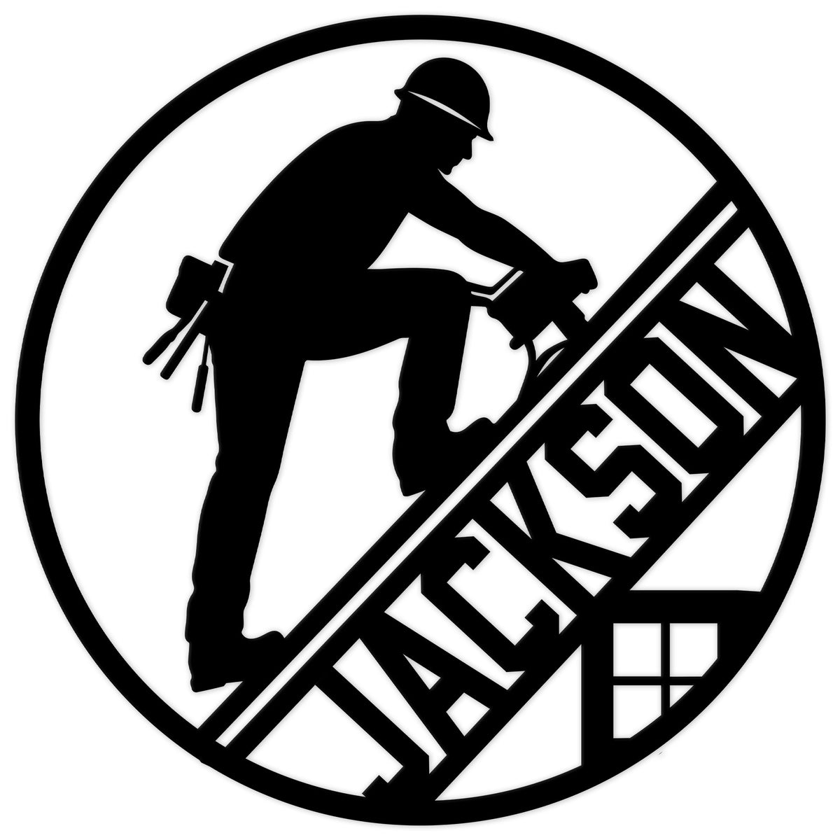 Black silhouette of a roofer working on a roof inside a circular metal sign design