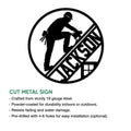 Roofer cut metal sign feature graphic showing the circular silhouette design and product details