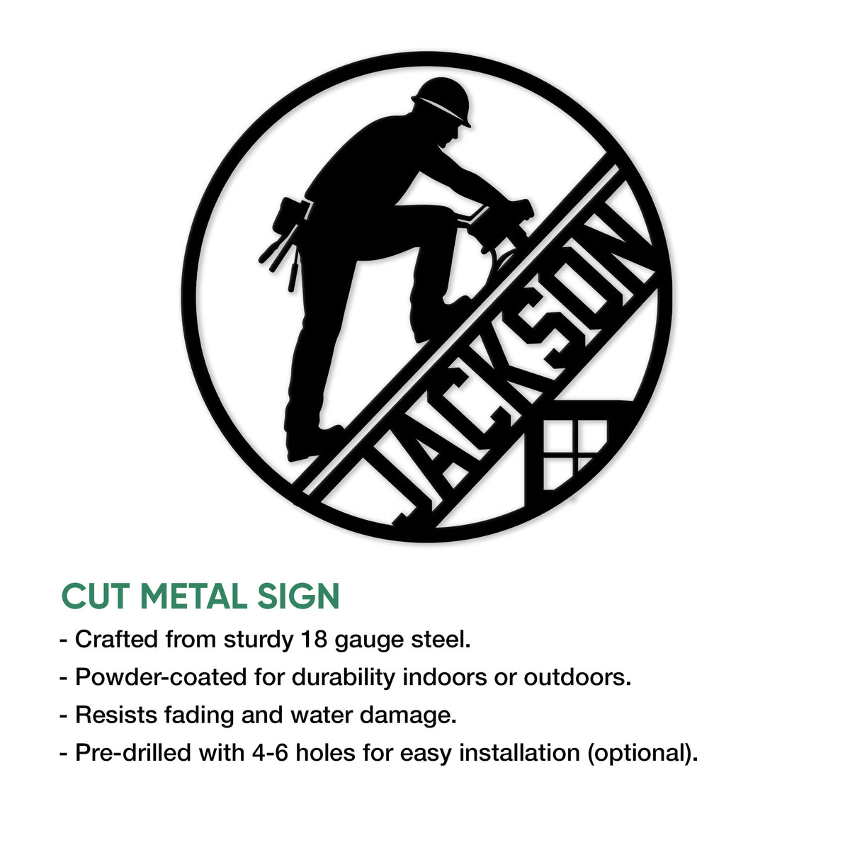 Roofer cut metal sign feature graphic showing the circular silhouette design and product details