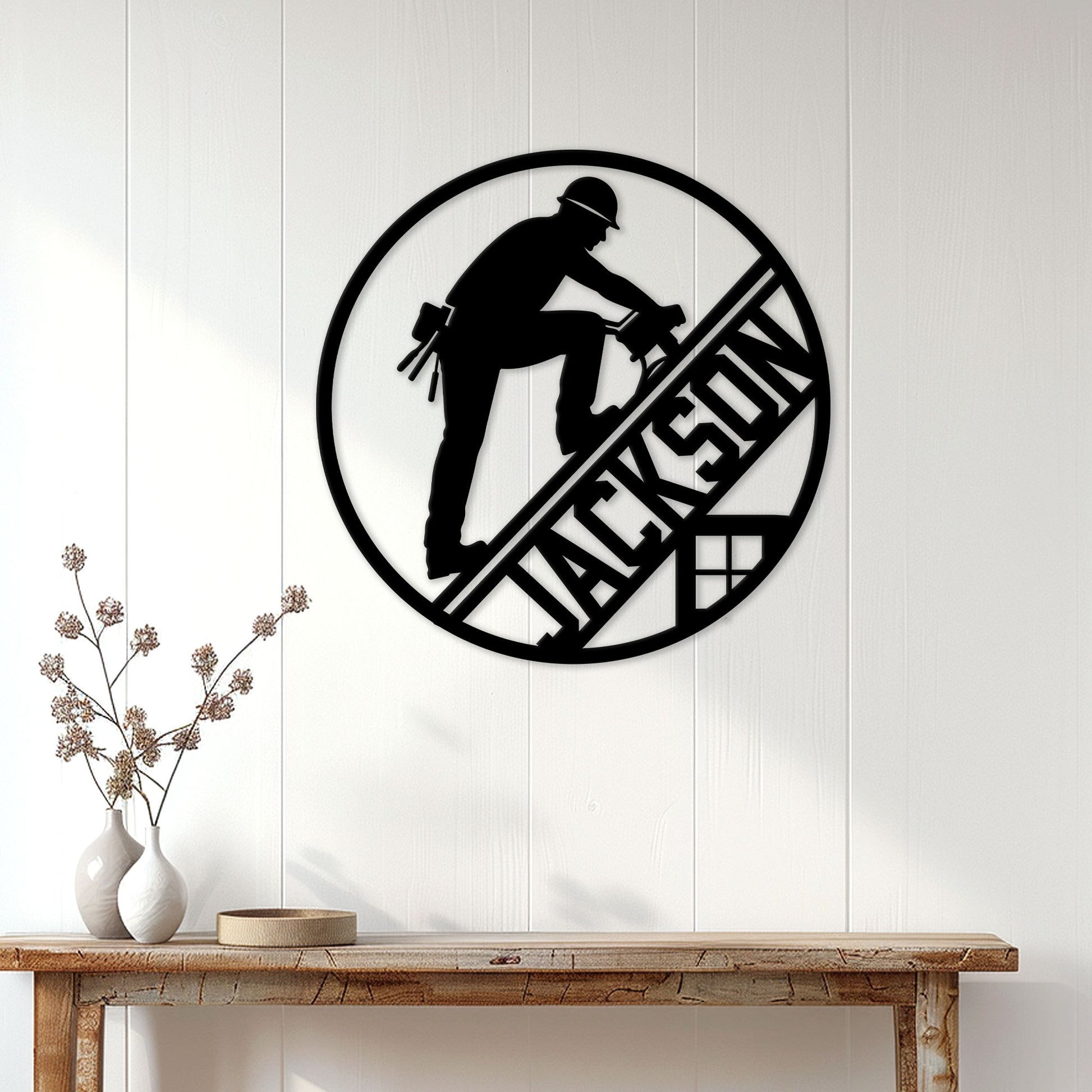 Roofer metal sign displayed on a white paneled wall above a rustic console table