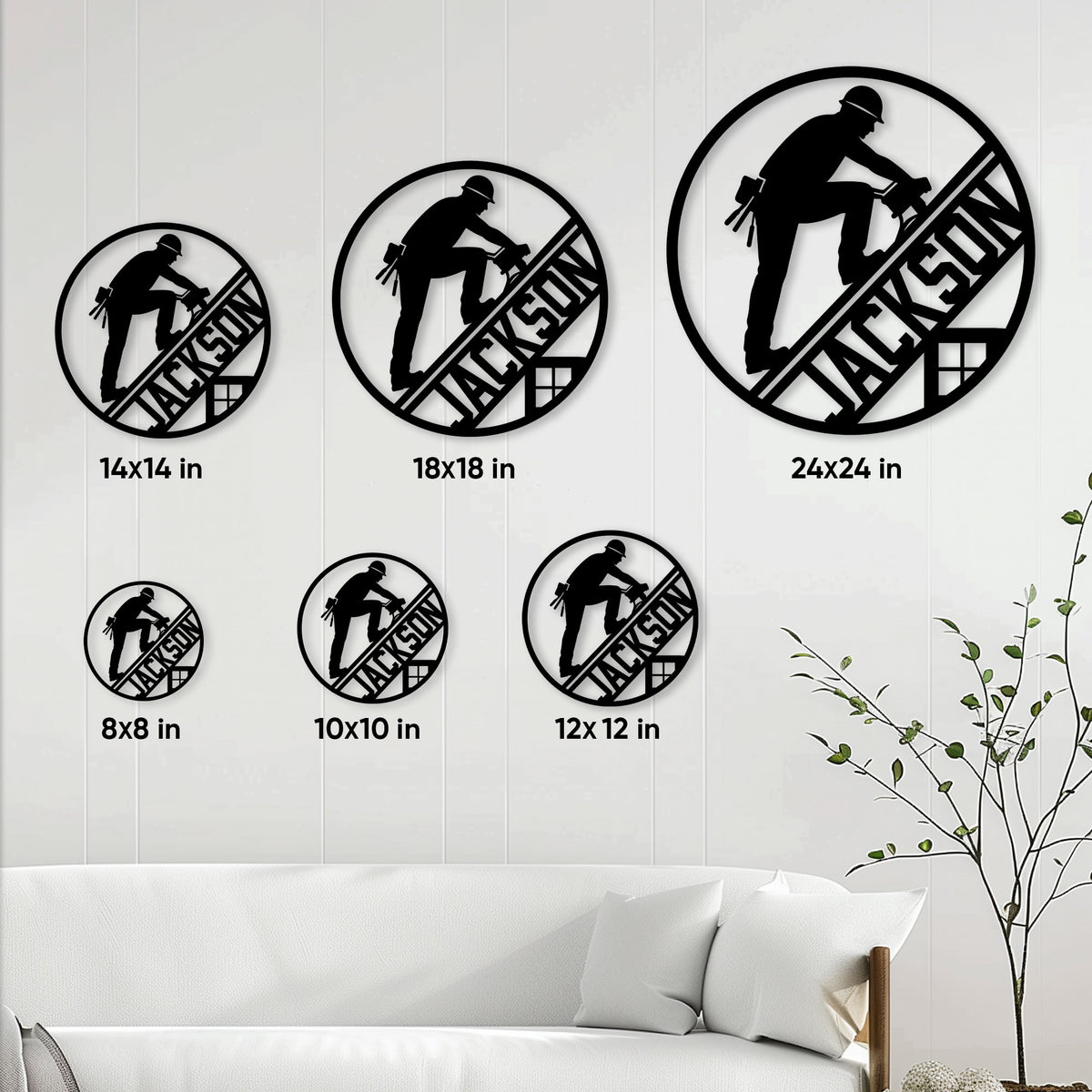 Roofer metal sign size guide showing round designs in sizes from 8 by 8 to 24 by 24 inches