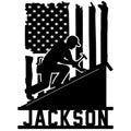 Custom roofer metal sign featuring a roofing worker silhouette beneath a distressed American flag design