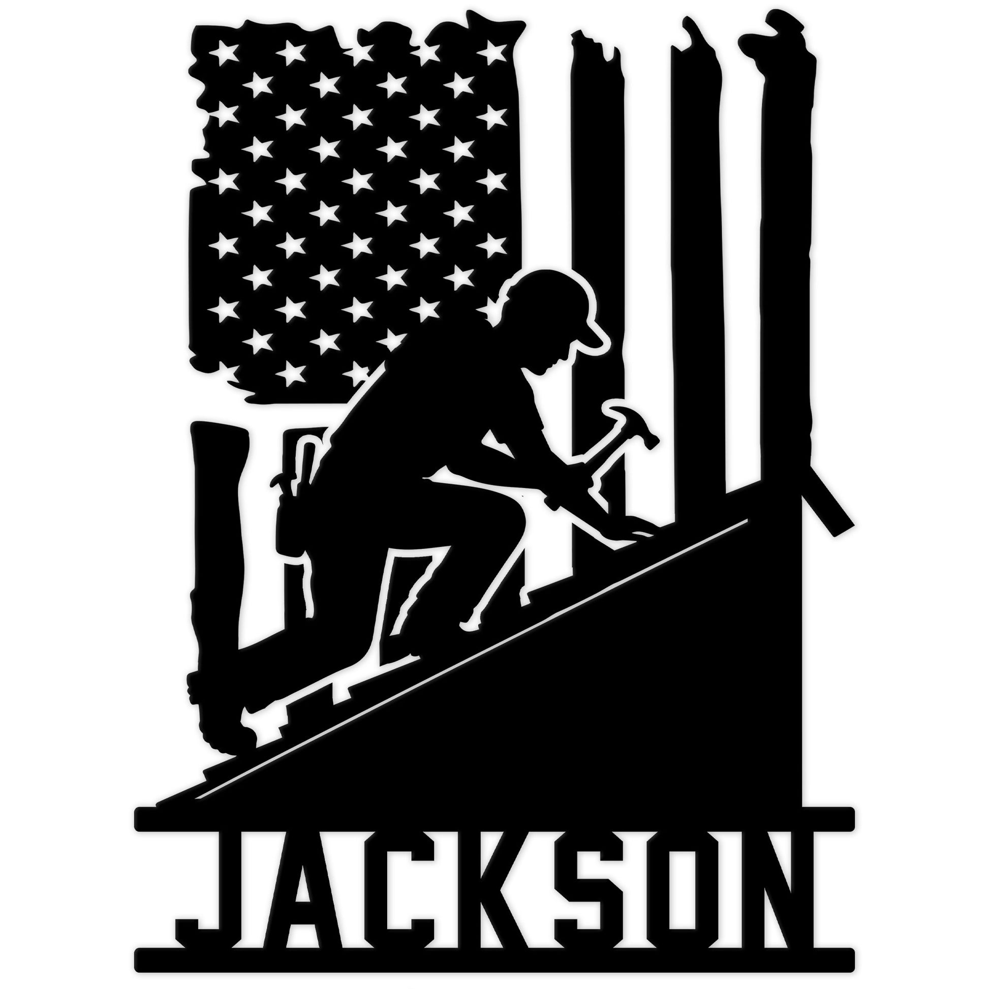 Custom roofer metal sign featuring a roofing worker silhouette beneath a distressed American flag design