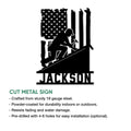 Patriotic roofer metal sign feature graphic showing a worker silhouette installing a roof