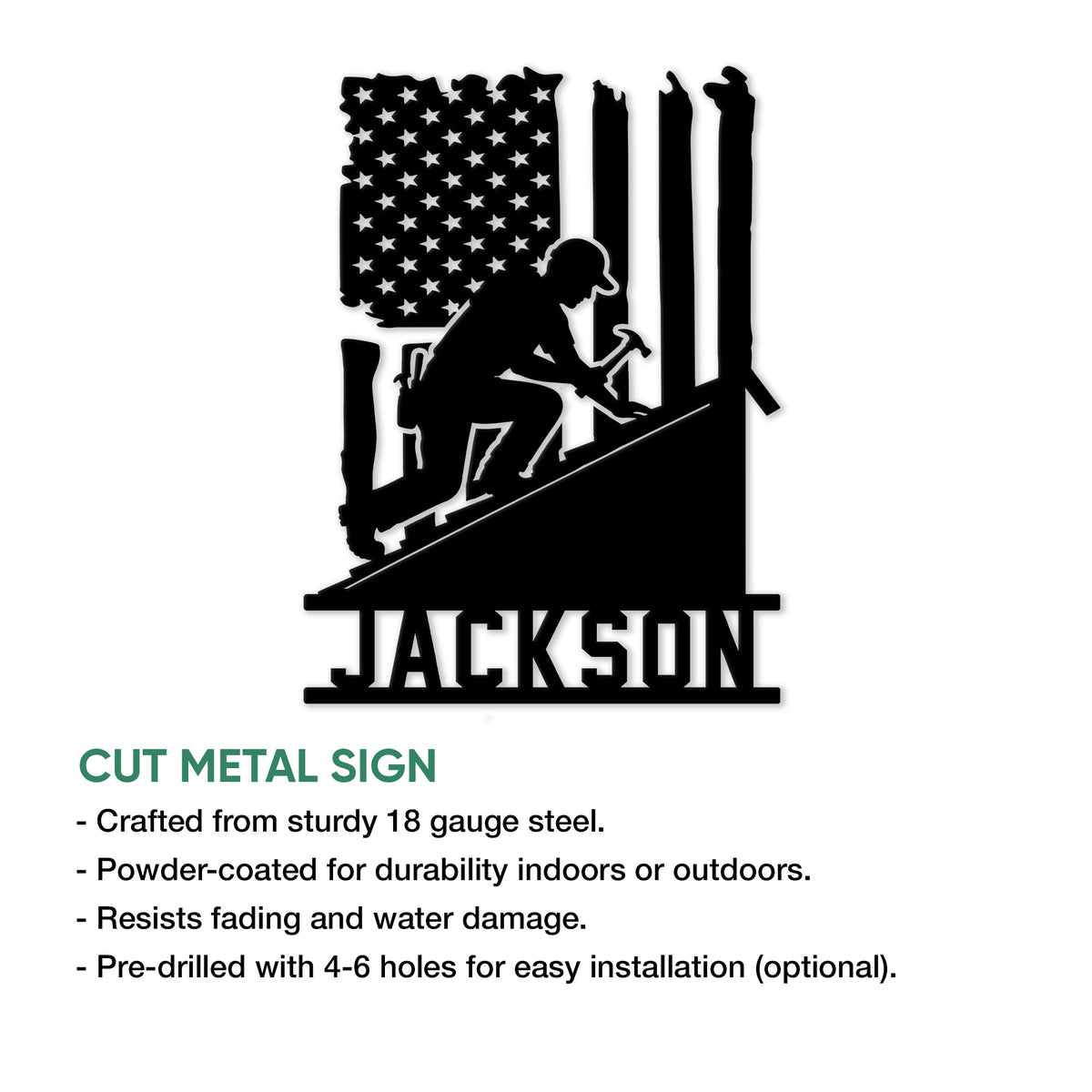 Patriotic roofer metal sign feature graphic showing a worker silhouette installing a roof