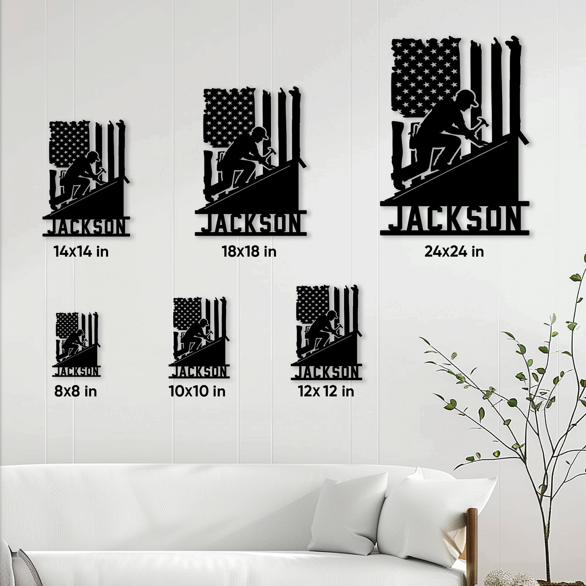 Roofer metal sign size guide showing available square dimensions from 8 by 8 to 24 by 24 inches