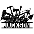 Custom roofer metal sign with a bold silhouette of hammers, nail gun, pry bar, and other roofing tools