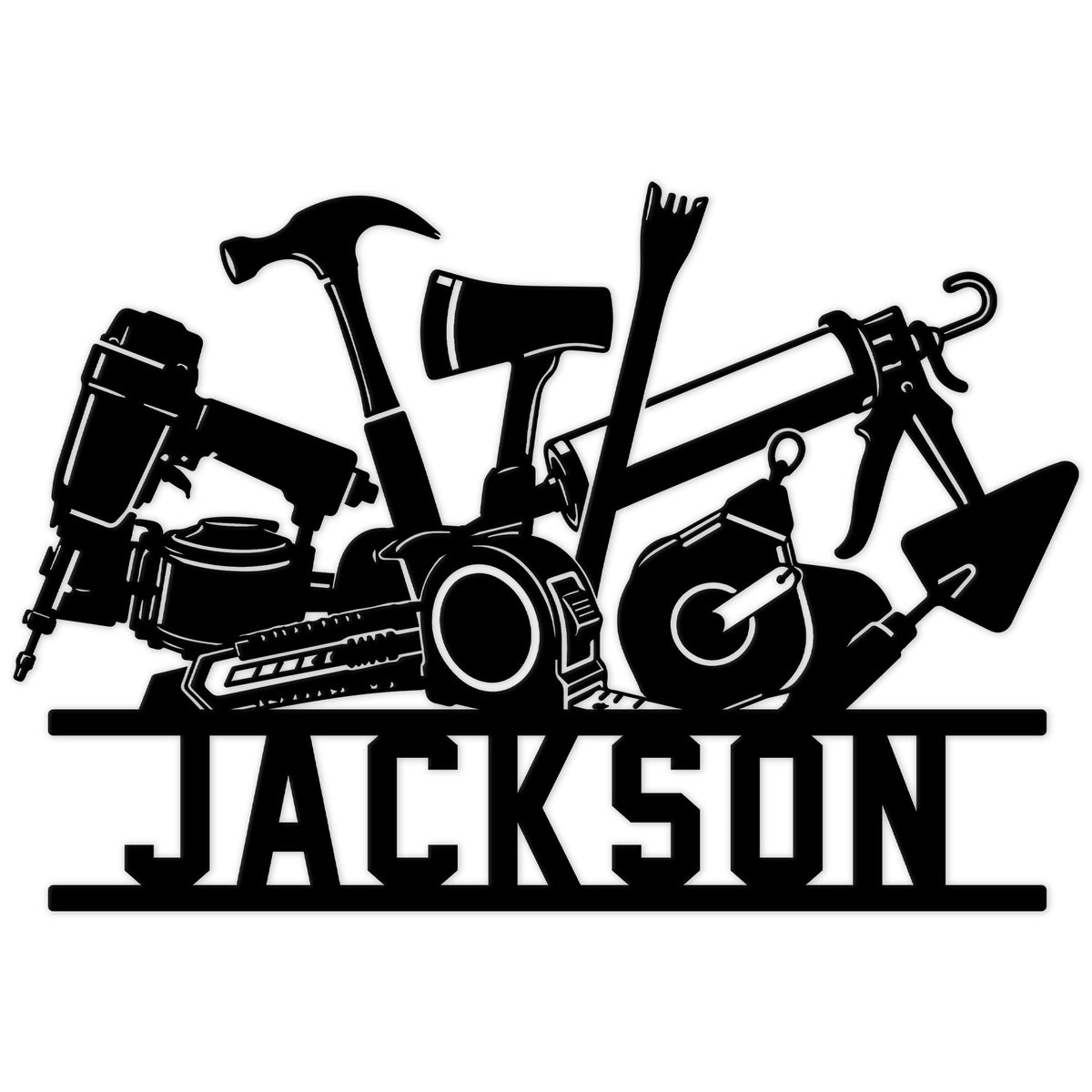 Custom roofer metal sign with a bold silhouette of hammers, nail gun, pry bar, and other roofing tools