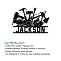Roofer cut metal sign feature graphic showing a roofing tool silhouette and available size options