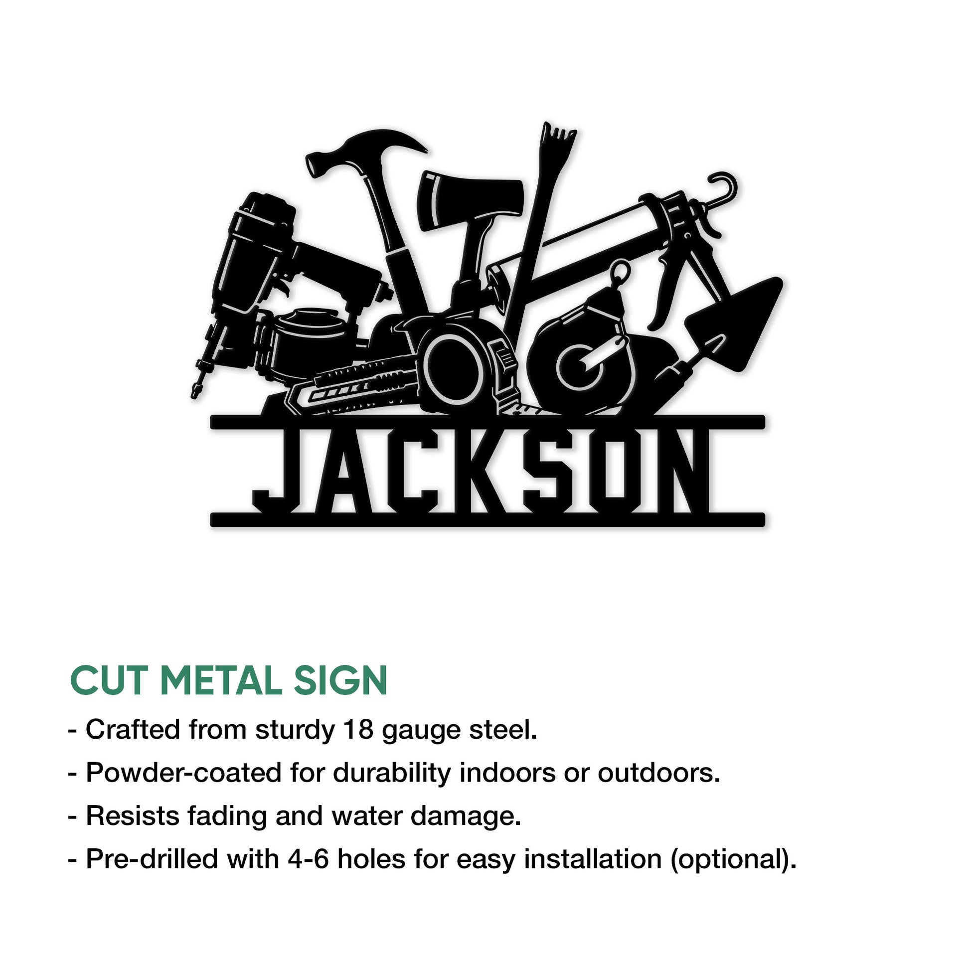 Roofer cut metal sign feature graphic showing a roofing tool silhouette and available size options