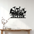 Roofer metal wall sign displayed on white wood paneling above a rustic console table