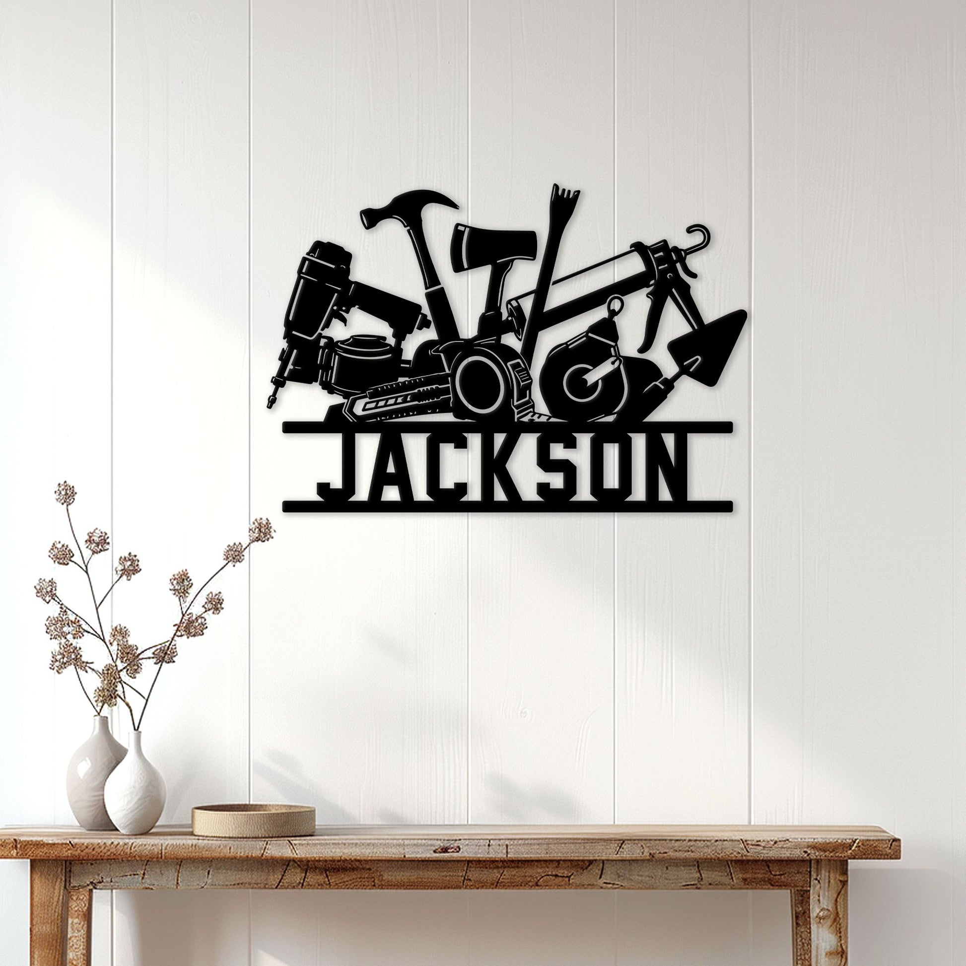 Roofer metal wall sign displayed on white wood paneling above a rustic console table