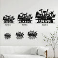Roofer metal sign size guide showing six size options displayed on a living room wall