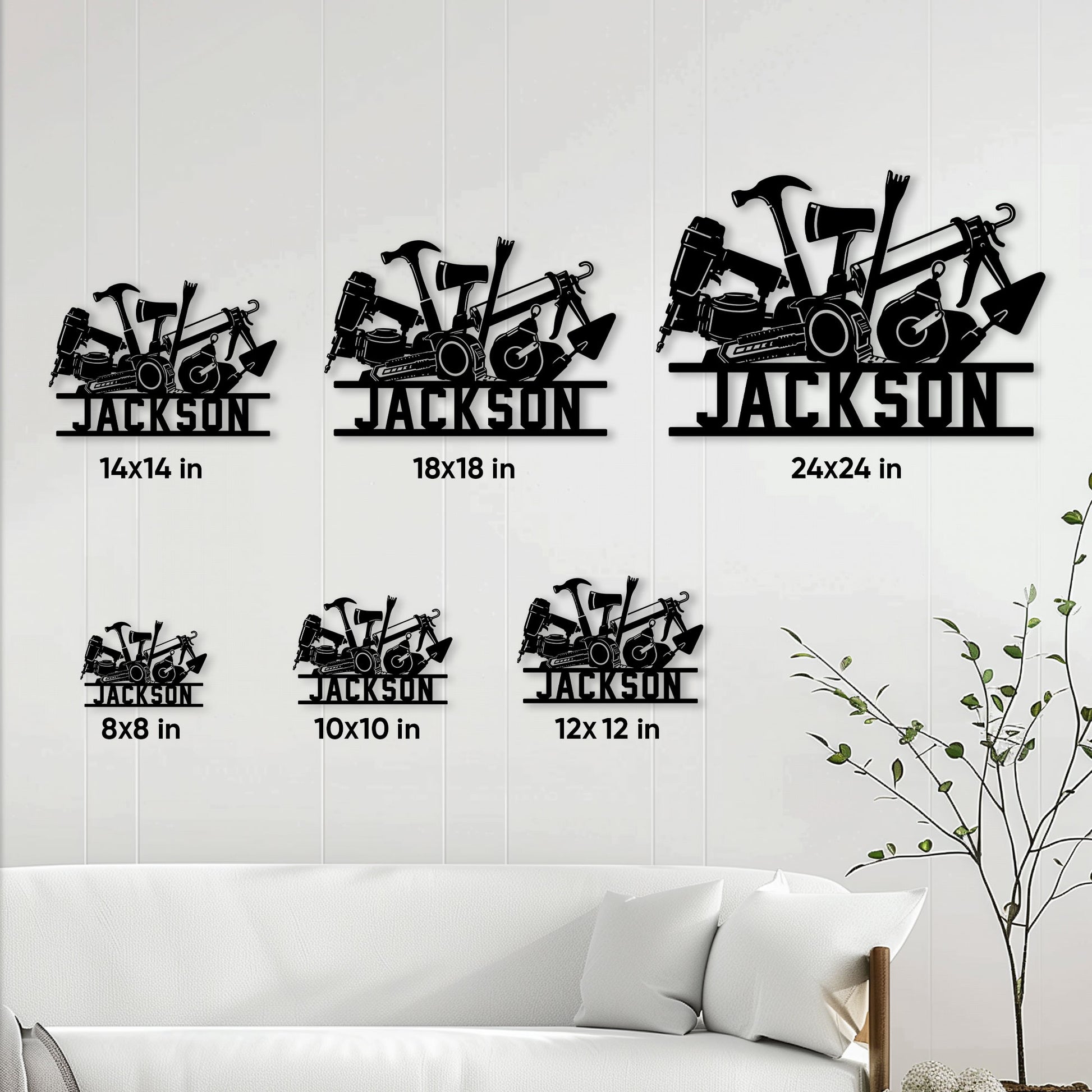 Roofer metal sign size guide showing six size options displayed on a living room wall