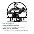 Roofer metal sign product graphic showing a bold contractor design with a house and roof silhouette