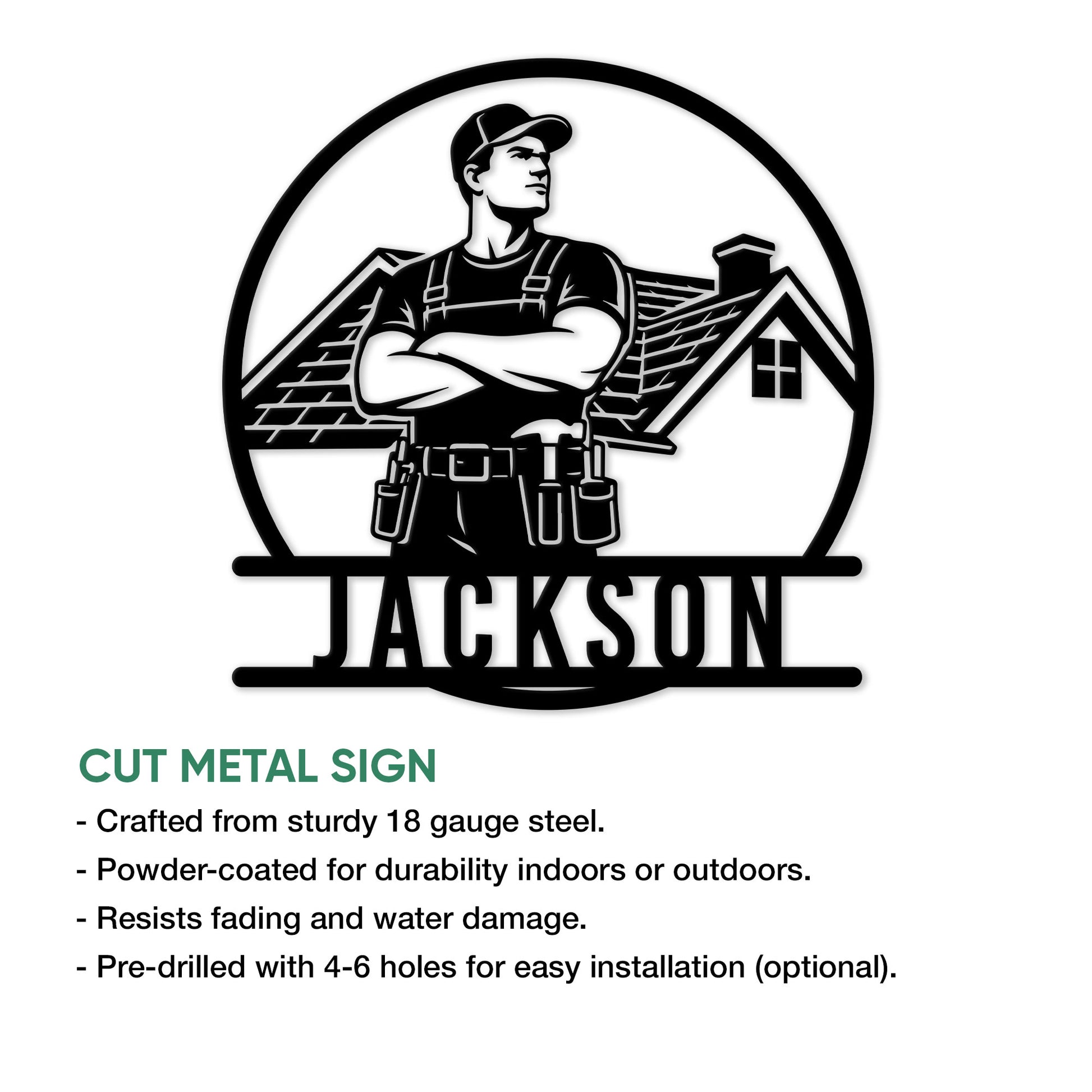 Roofer metal sign product graphic showing a bold contractor design with a house and roof silhouette