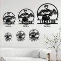 Roofer metal sign size guide showing multiple size options displayed on a living room wall