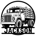 Bold black metal sign featuring a classic farm truck with a detailed flatbed and rugged tires
