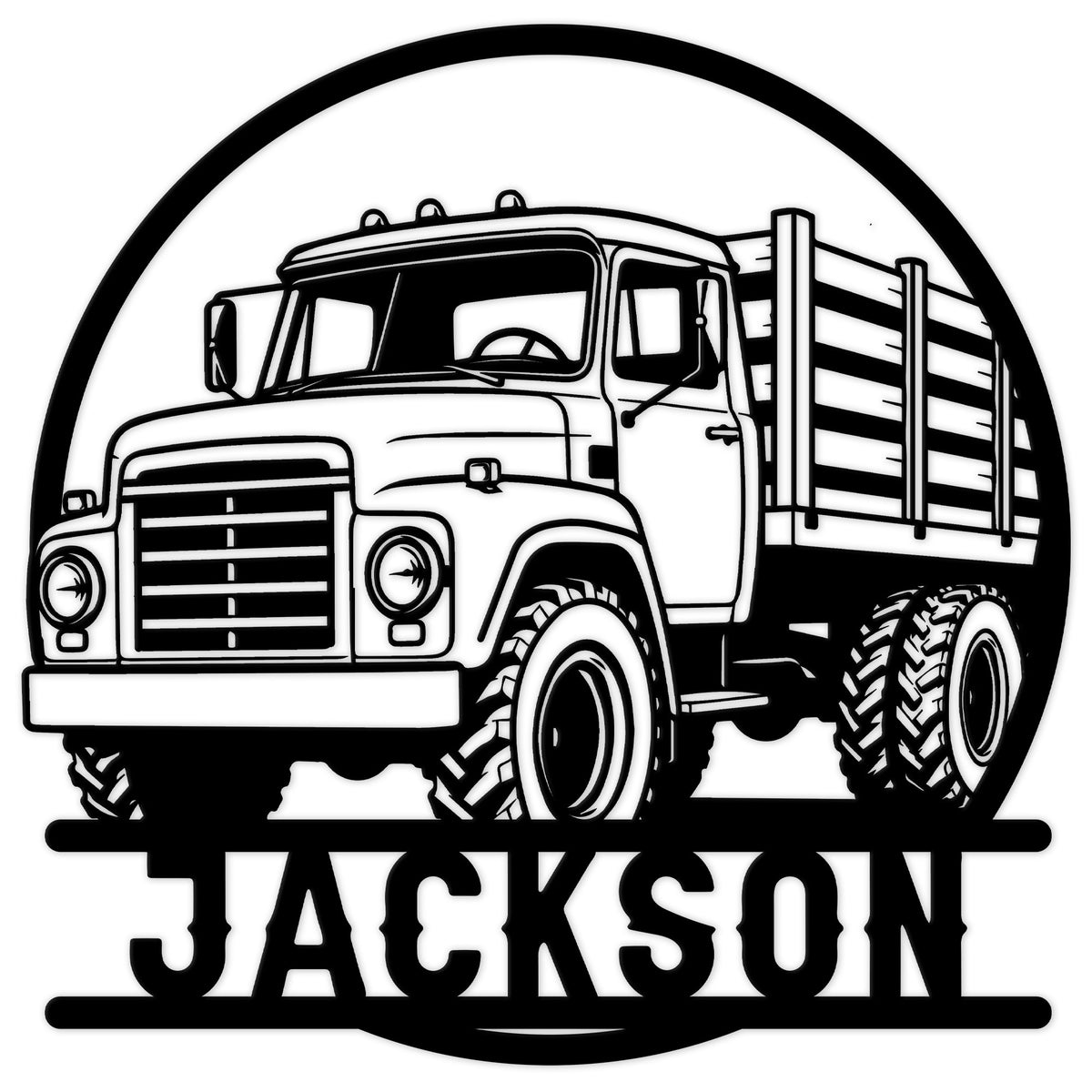 Bold black metal sign featuring a classic farm truck with a detailed flatbed and rugged tires