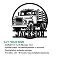 Classic farm truck metal sign shown with product features and a bold cut-metal design