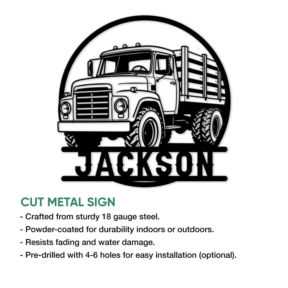 Classic farm truck metal sign shown with product features and a bold cut-metal design