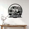 Farm truck metal sign displayed as rustic wall decor above a wood console table