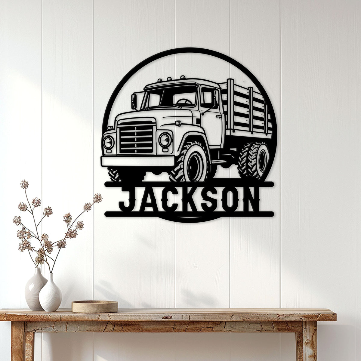 Farm truck metal sign displayed as rustic wall decor above a wood console table